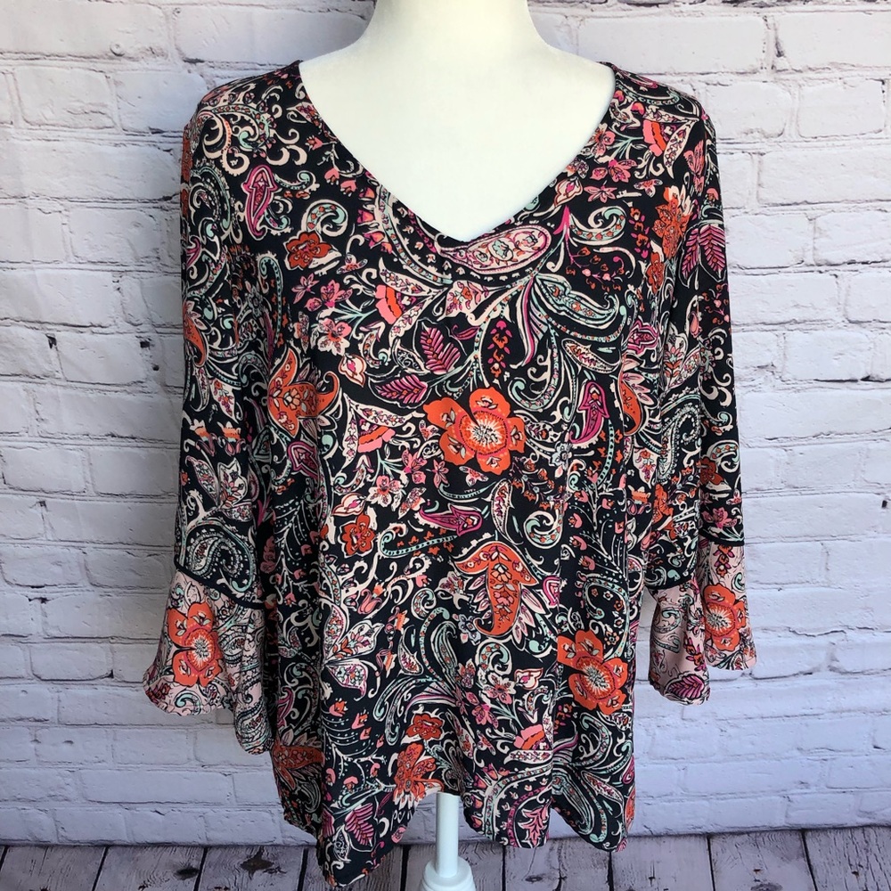 J. Jill Blouse Floral Black Pink Orange Bell Sleeves Boho Size Medium